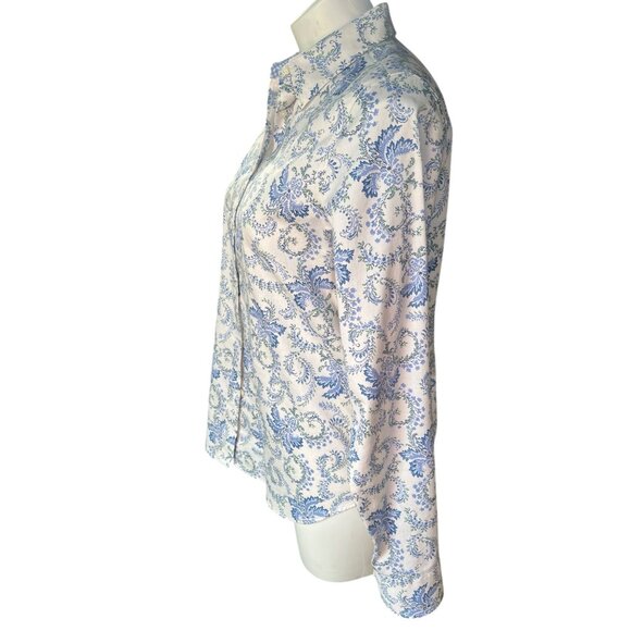 Chaps Black Label Womens M No Iron Blue White Floral Button Shirt Logo Buttons - Picture 4 of 16